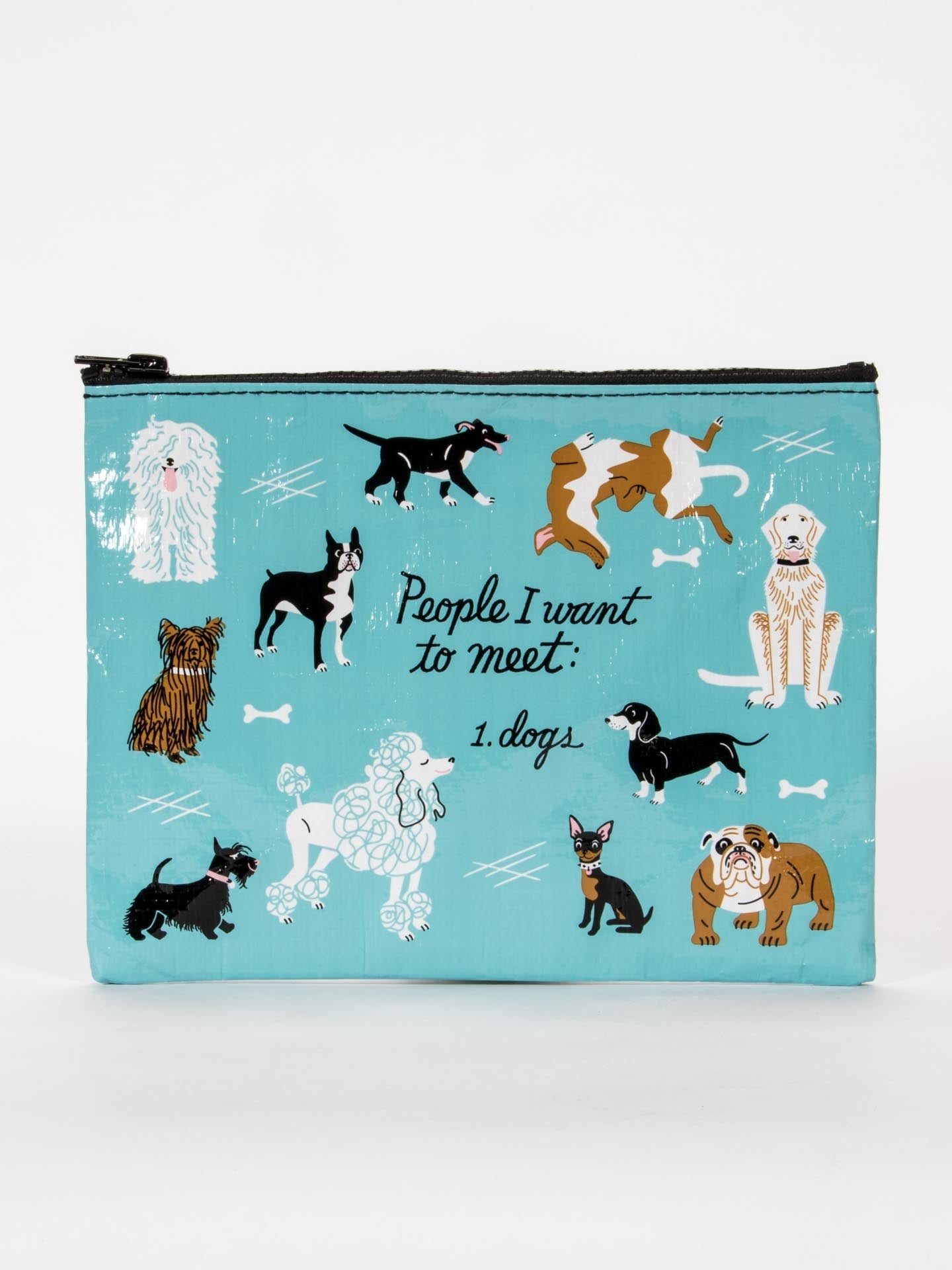 Blue Q People I Want To Meet: Dogs Zipper Pouch - blue pouch with dog breed illustrations