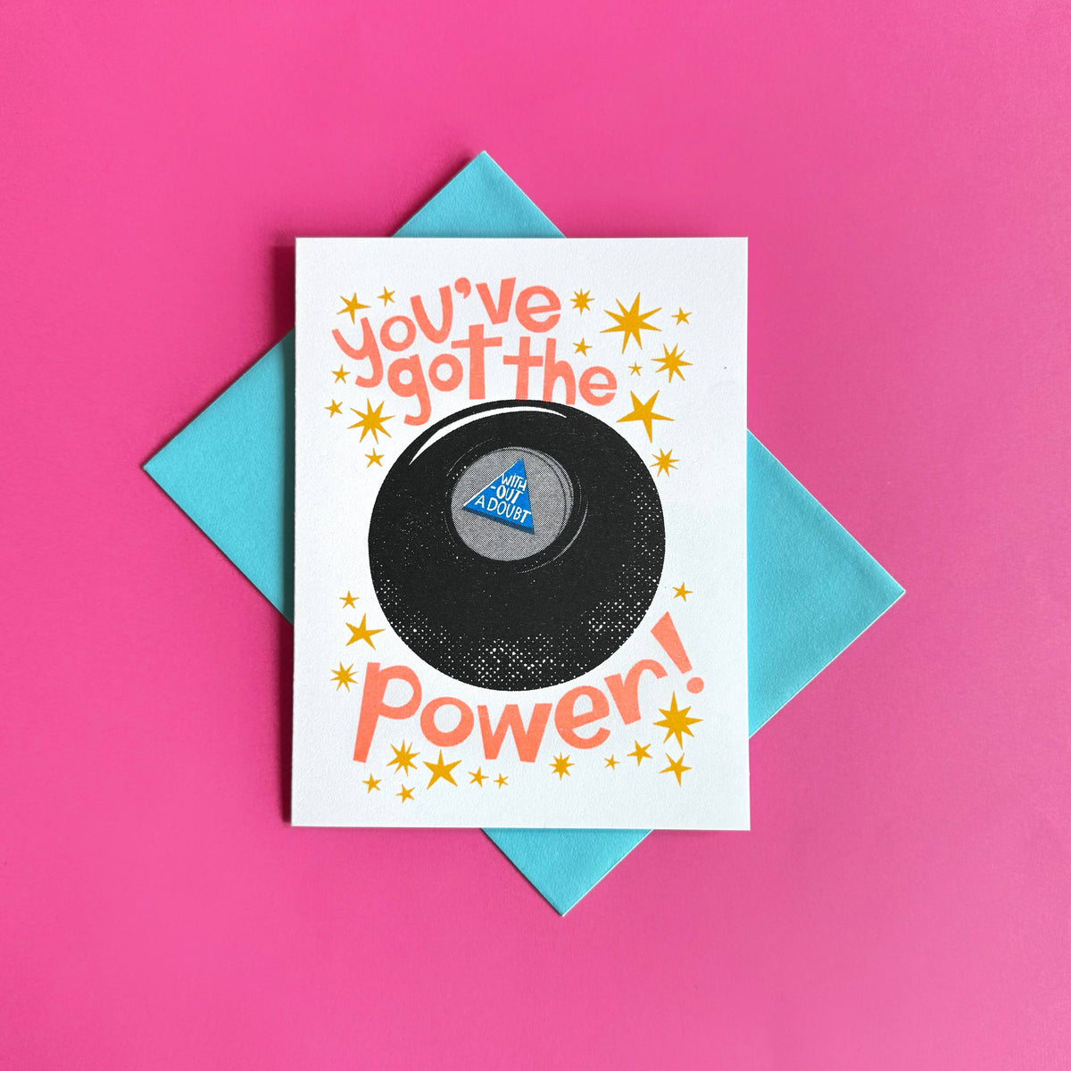 You've Got the Power 8-Ball congrats risograph card by Pier Six Press