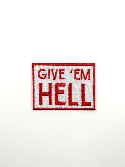 Give 'Em Hell Embroidered Iron - On Patch Cowboy Rodeo Red - homesewn