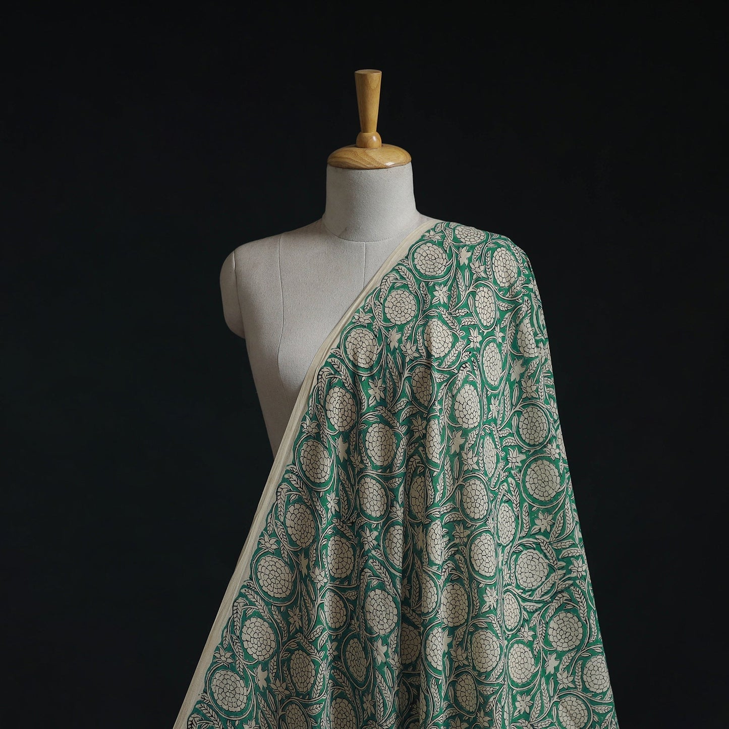 Green - Natural Dyed Pure Mul Cotton Hand Block Bagru Print Fabric - homesewn