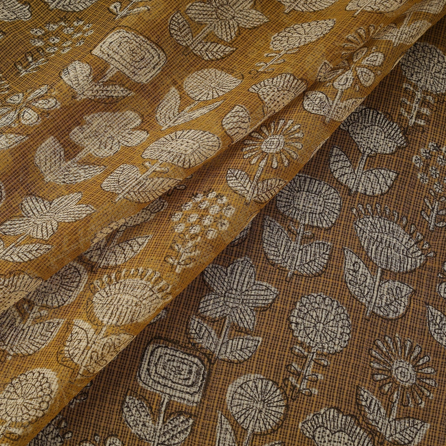Kota Doria Yellow Cotton Natural Dyed Hand Block Bagru Print Fabric - homesewn