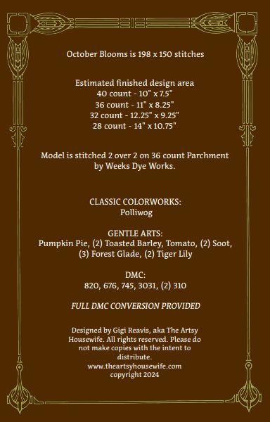 October Blooms Printed Cross Stitch Pattern - homesewn