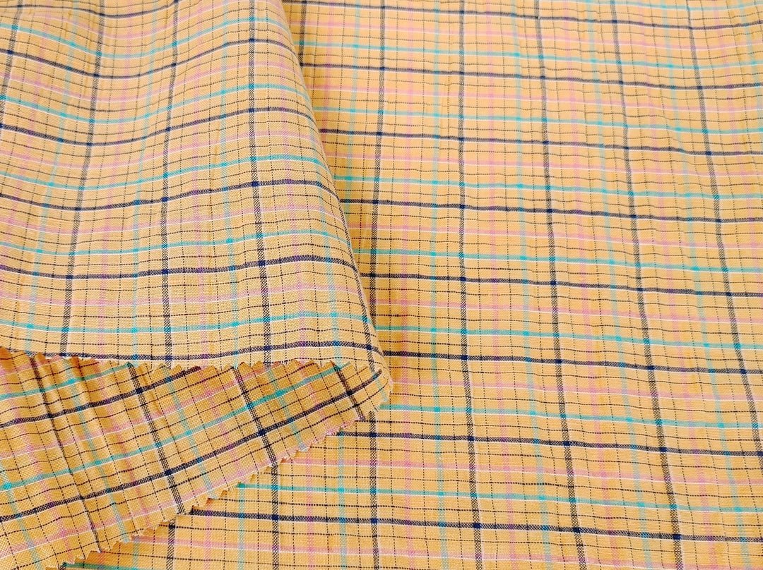 Orange Plaid Linen Blend Fabric with Wrinkle Texture - homesewn