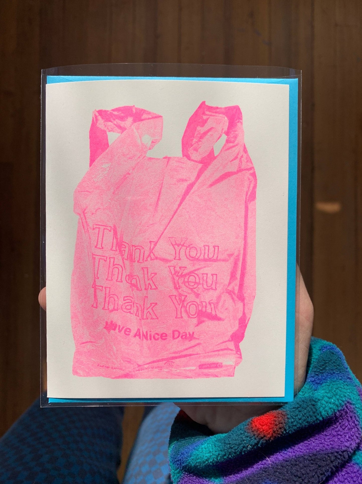 Pink Thank You Bag Risograph A2 Greeting Card - homesewn