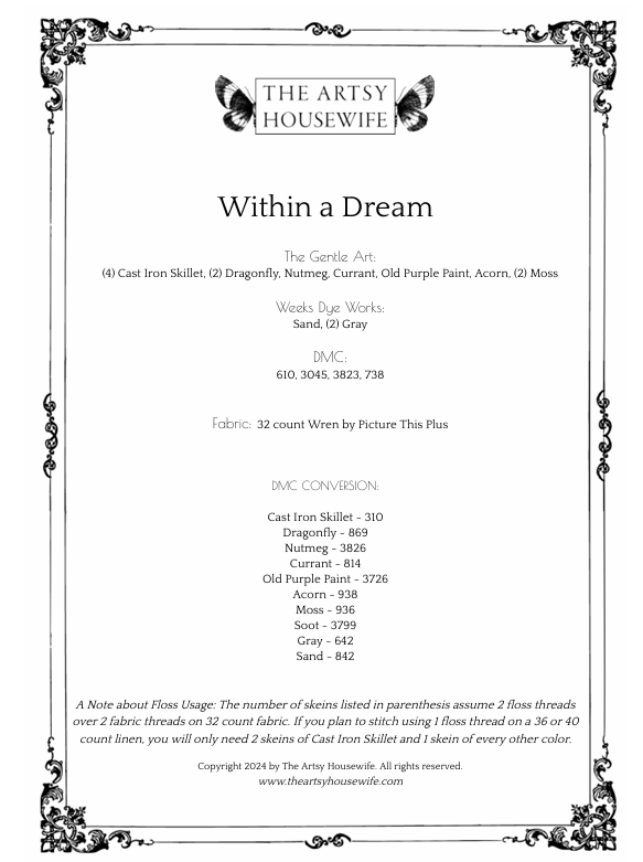 Within A Dream Printed Cross Stitch Pattern - homesewn