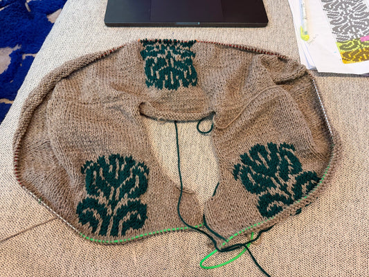My first colorwork — the Baraka Cardigan by Hana Saeid, in progress