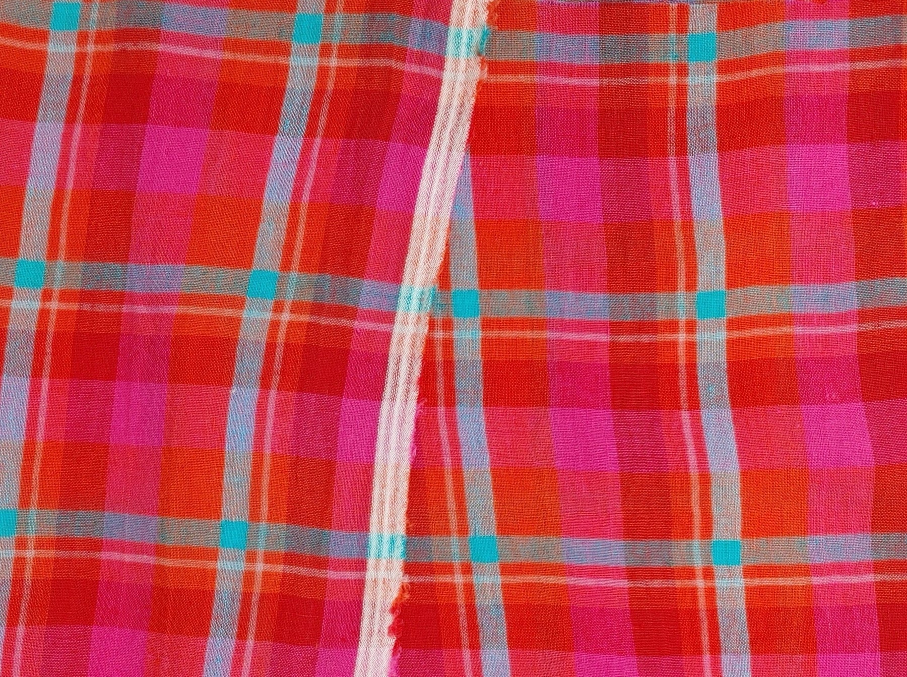 100% Linen - Red Pink Plaid Check Fabric 50" wide TLL - homesewn