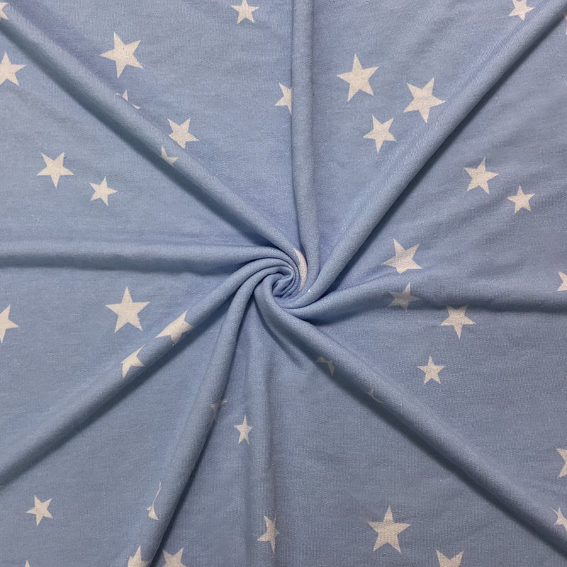 Blue-White Poly Rayon Star Printed French Terry Knit - Sold by the 1/4 Yard