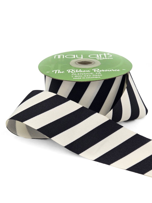 2" Black & White Modern Diagonal Stripe Grosgrain Ribbon - SOLD BY 1/4 YARD - homesewn