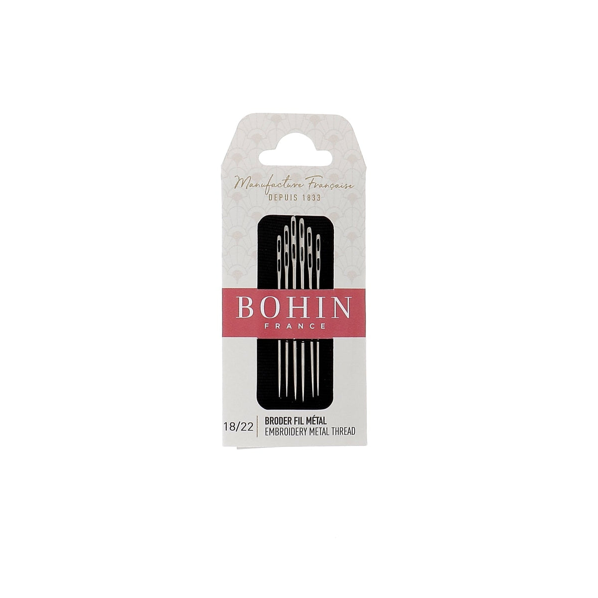 Bohin France reference 98408 double eye needles, sizes 18 to 22, pack of 6 in retail blister
