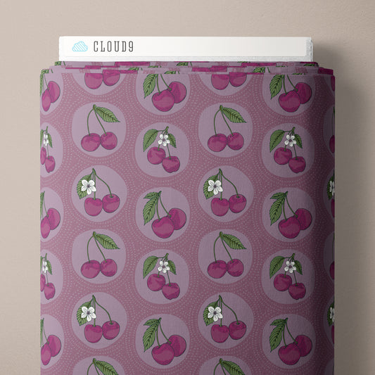 Dotted Cherries Lt Purple - Black Forest by Jayme Murray for Cloud9 Fabrics