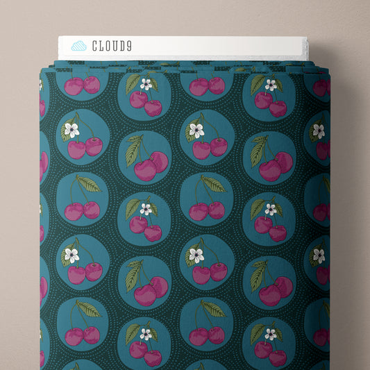 Dotted Cherries Teal - Black Forest by Jayme Murray for Cloud9 Fabrics
