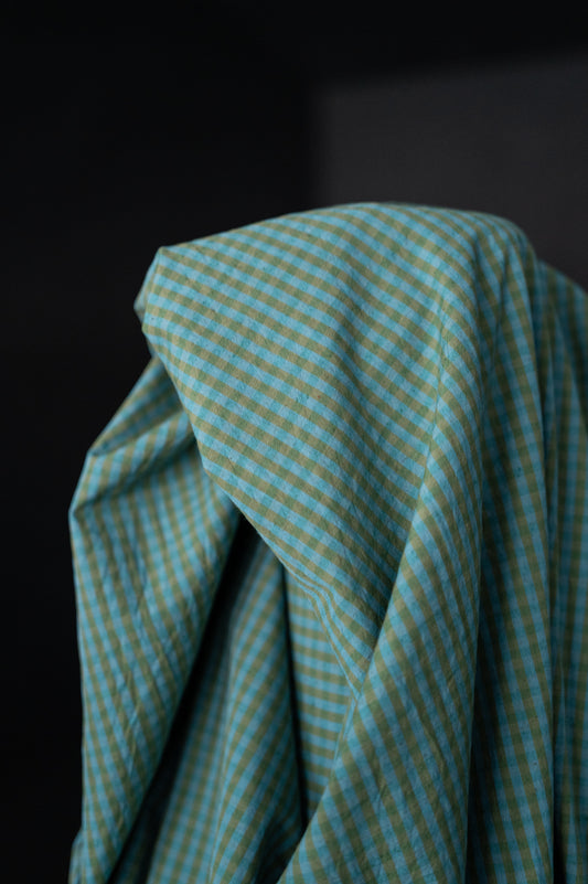Springwater Organic Cotton/Linen Gingham - blue green gingham fabric