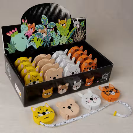 Display box of animal-shaped tape measures with a white background