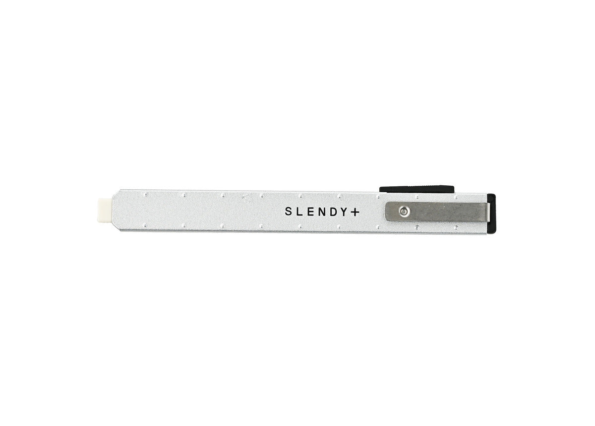 SEED Slendy Plus 2 slim holder eraser in silver, shown with its clip and narrow eraser tip