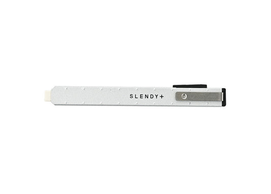 SEED Slendy Plus 2 slim holder eraser in silver, shown with its clip and narrow eraser tip