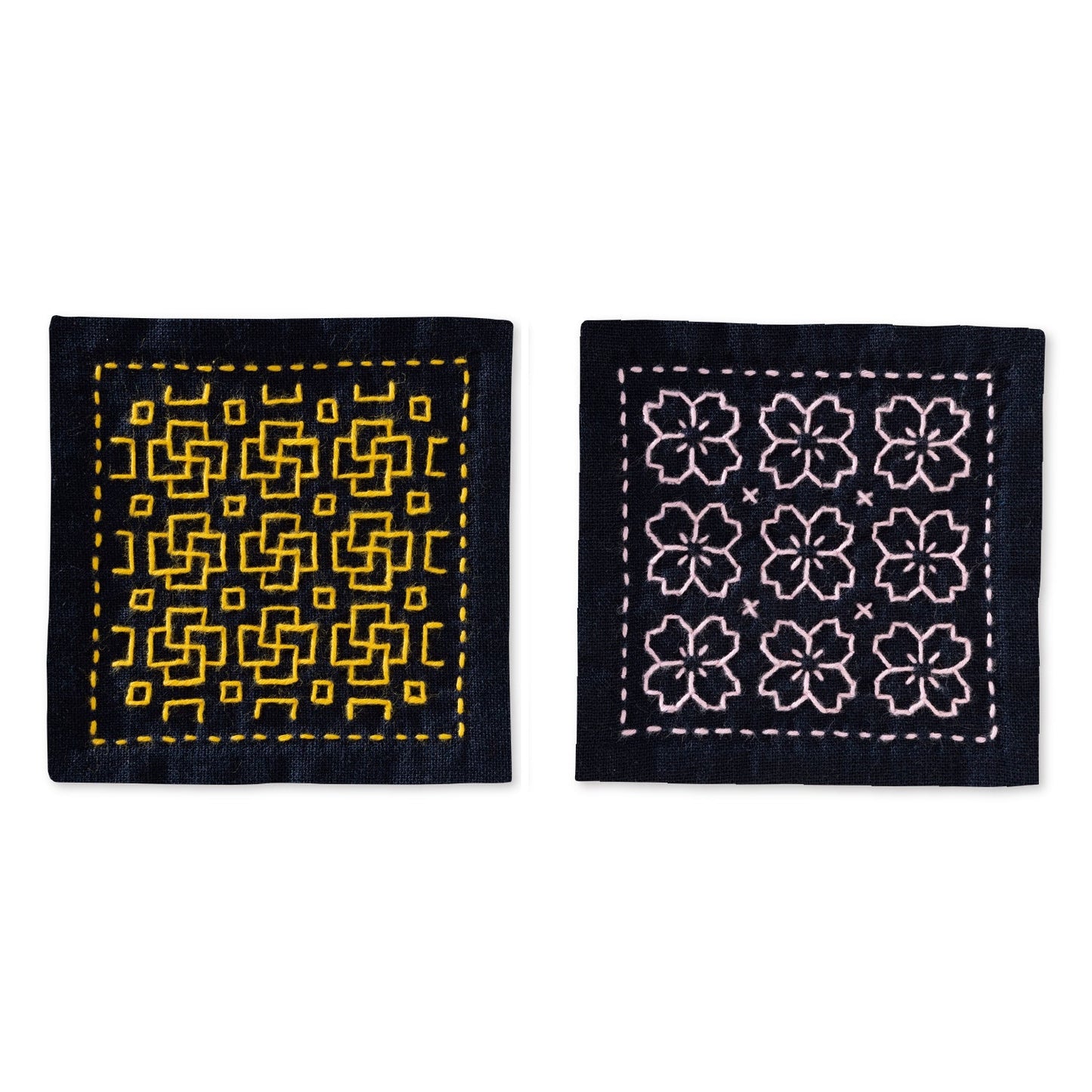 Olympus SK-480 hitomezashi sashiko coaster kit - two navy coasters stitched in tsubomi and sakura patterns