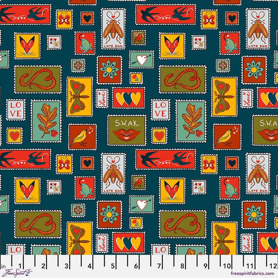 Air Mail - Postage Stamps - Teal - QUILTING COTTON/POPLIN - homesewn