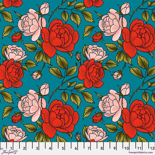 Air Mail - Roses Are Falling - Teal - QUILTING COTTON/POPLIN - homesewn