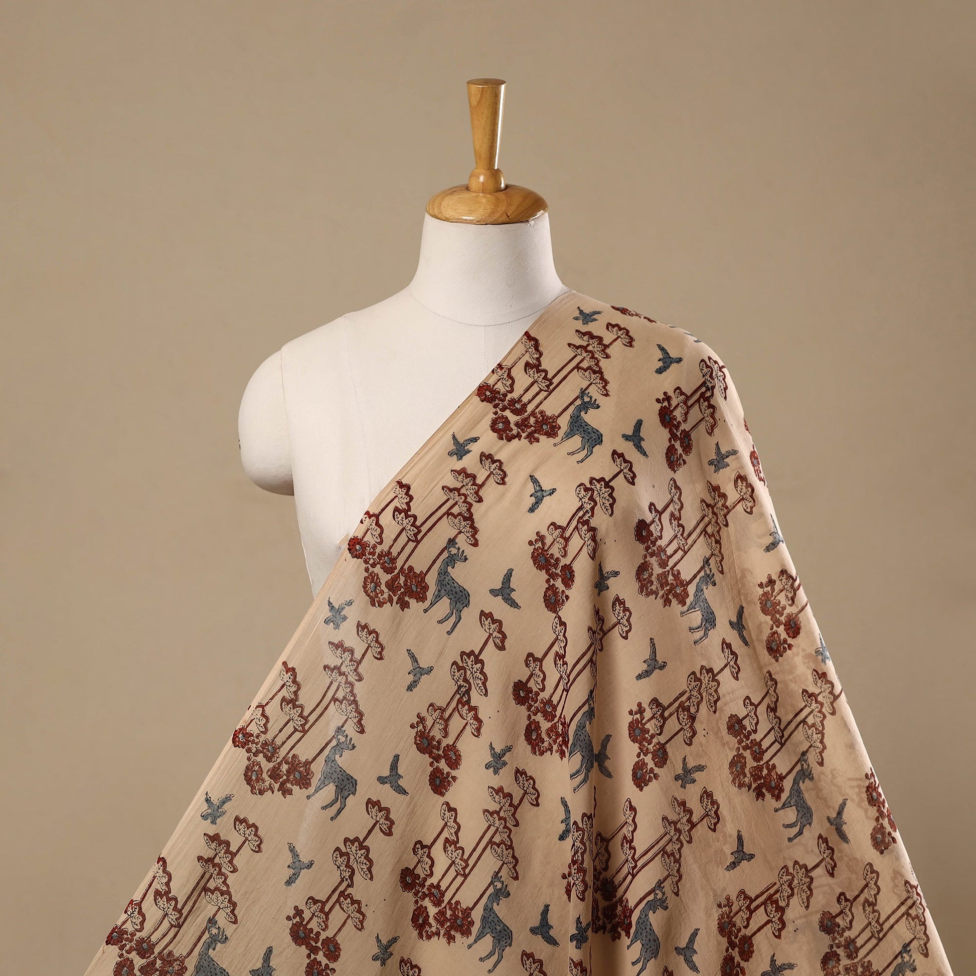 Beige - Hand Block Print Pure Mul Cotton Ajrakh Fabric - homesewn