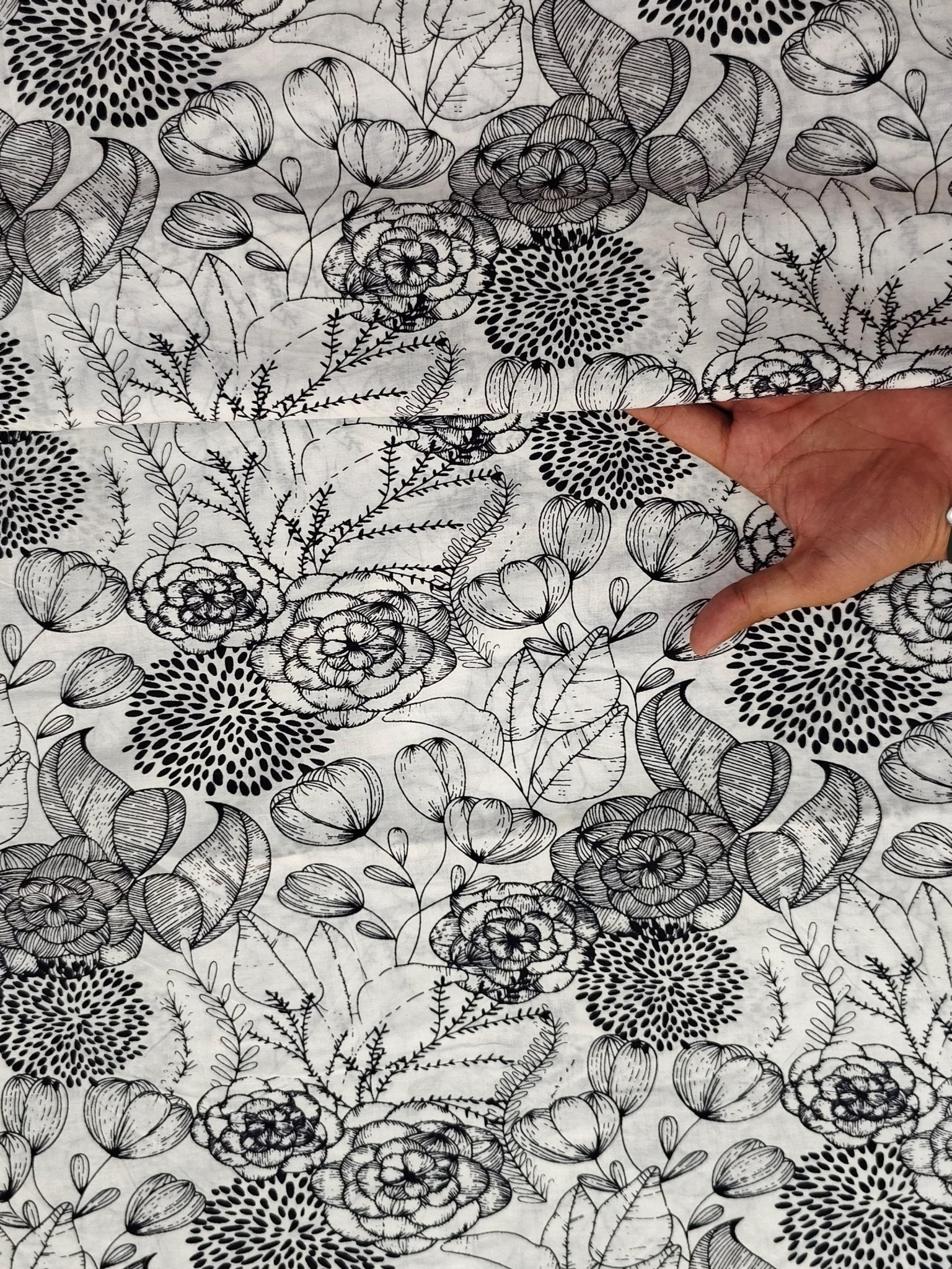 Black & White Bouquet Hand Block Print Lightweight Cotton - homesewn