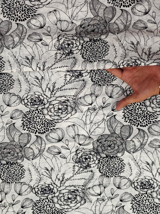 Black & White Bouquet Hand Block Print Lightweight Cotton - homesewn