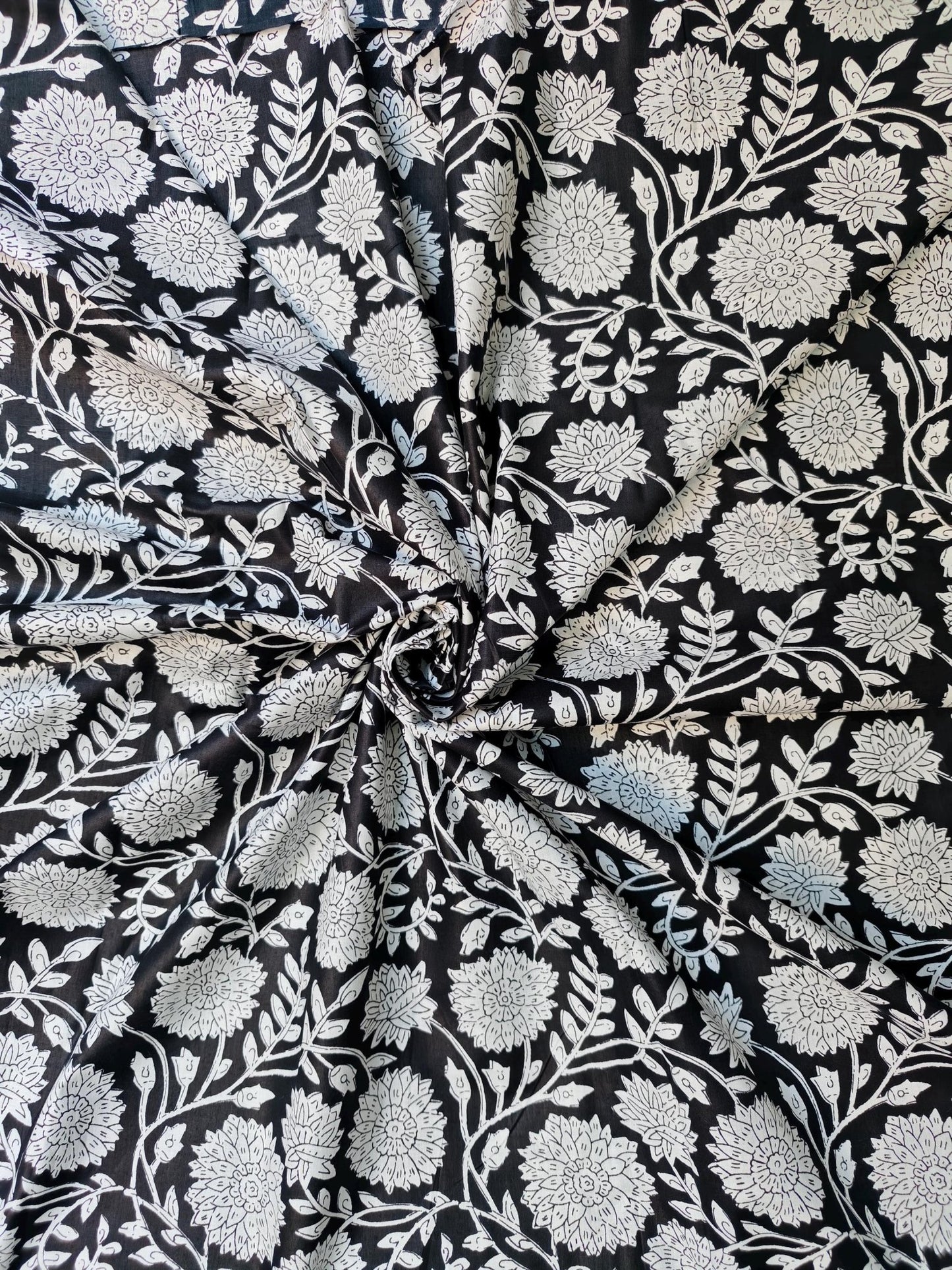 Black & White Floral Hand Block Print Lightweight Cotton - homesewn