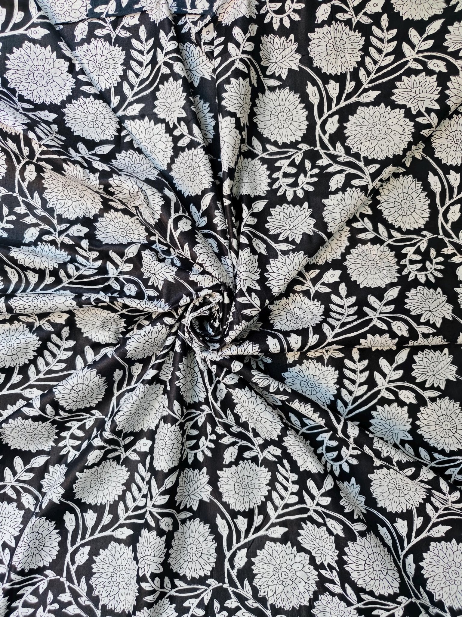 Black & White Floral Hand Block Print Lightweight Cotton - homesewn