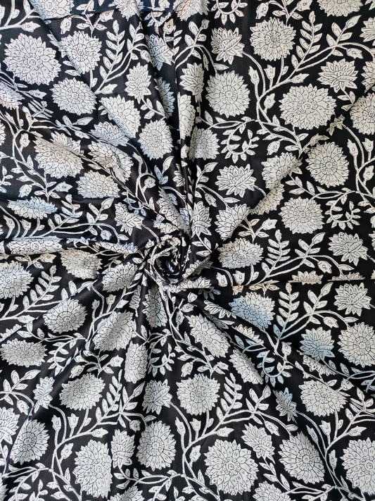 Black & White Floral Hand Block Print Lightweight Cotton - homesewn