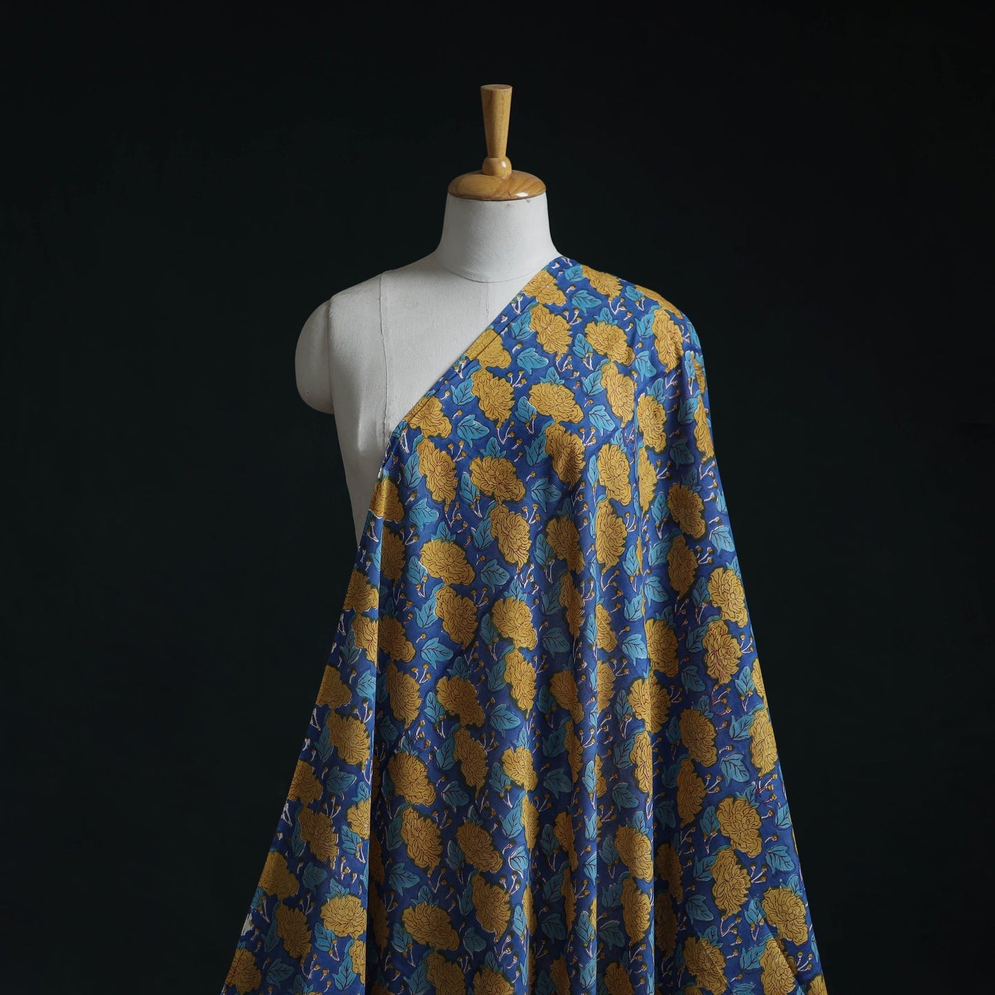 Blue - Pure Mul Cotton Hand Block Sanganeri Print Fabric - homesewn