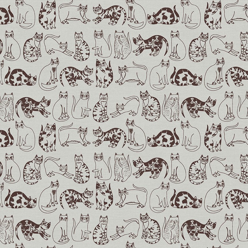 Cat's Meow - Outlined Cats - Brown - QUILTING COTTON/POPLIN - homesewn