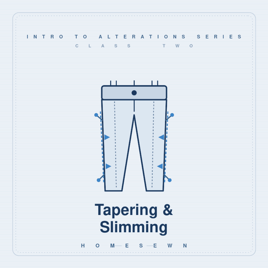 Diagram of pants with text about alterations series on a light gray background