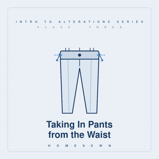 Diagram of pants with pinned waistband, Taking In Pants from the Waist, HomeSewn alterations class