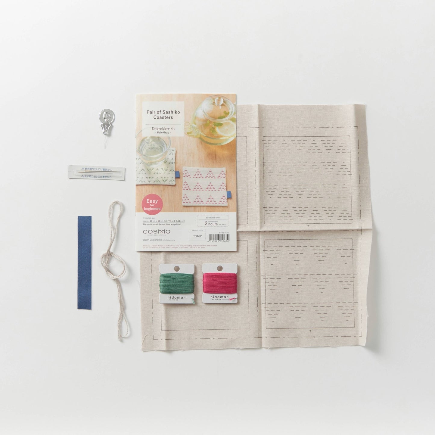 COSMO Sashiko Hidamari Pair of Coasters Kit - Pale Gray - homesewn