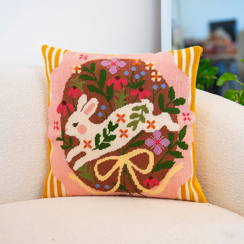 Bounding Bunny tapestry needlepoint cushion kit by Craft Club