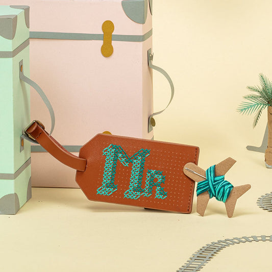DIY Cross Stitch Luggage Tag Kit - Brown with Teal thread - homesewn