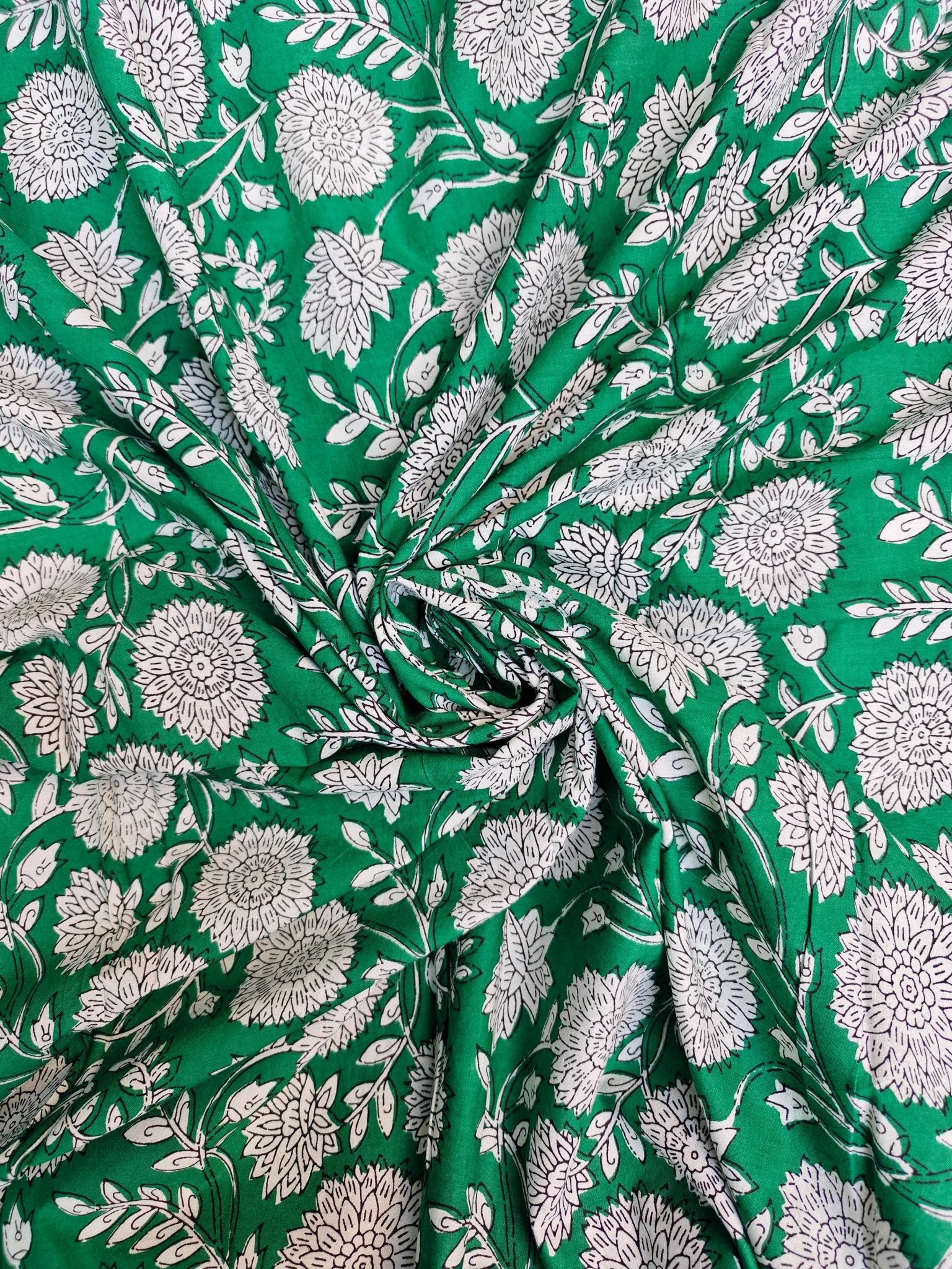 Green Floral Hand Block Print Lightweight Cotton - homesewn