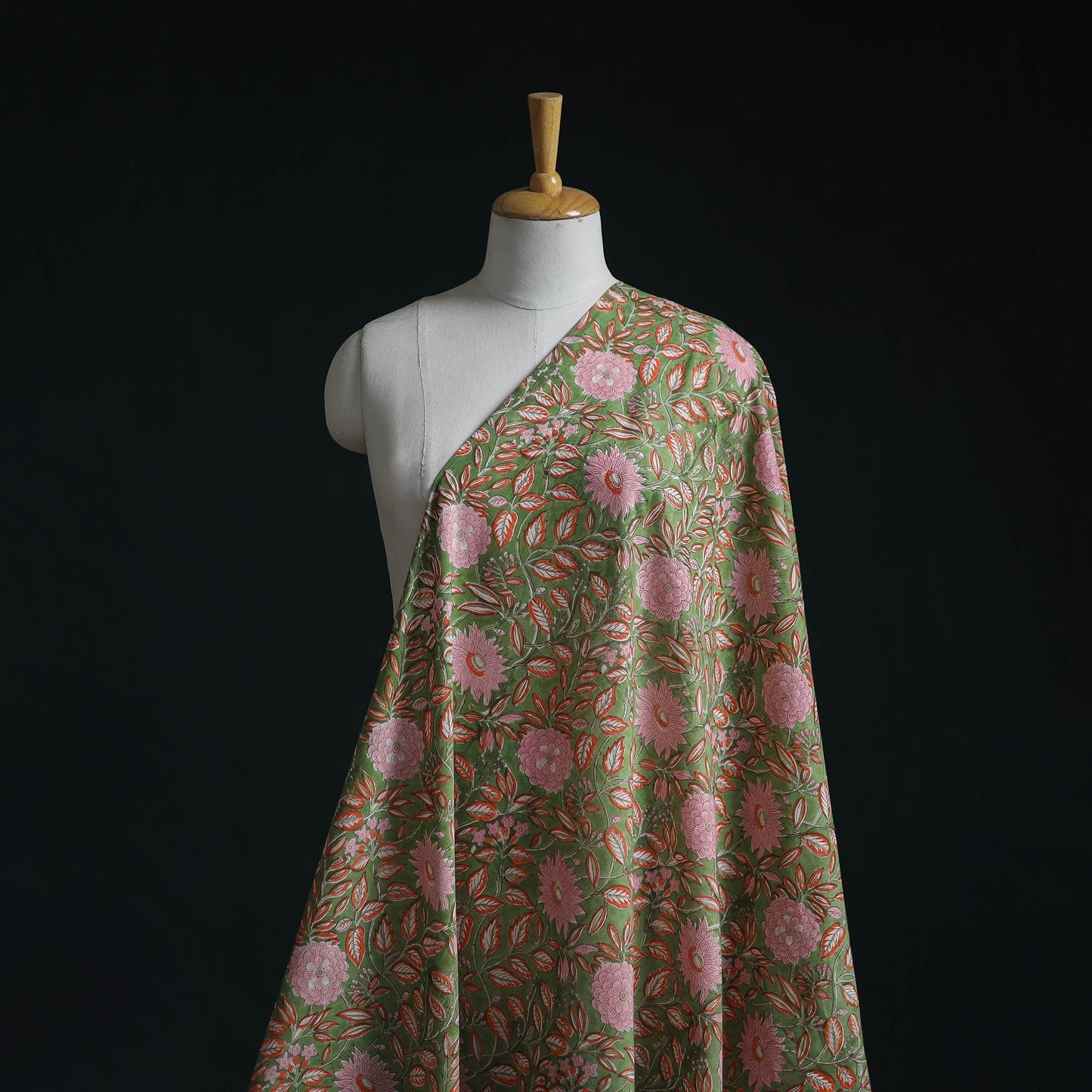 Green Pure Mul Cotton Hand Block Sanganeri Print Fabric - homesewn