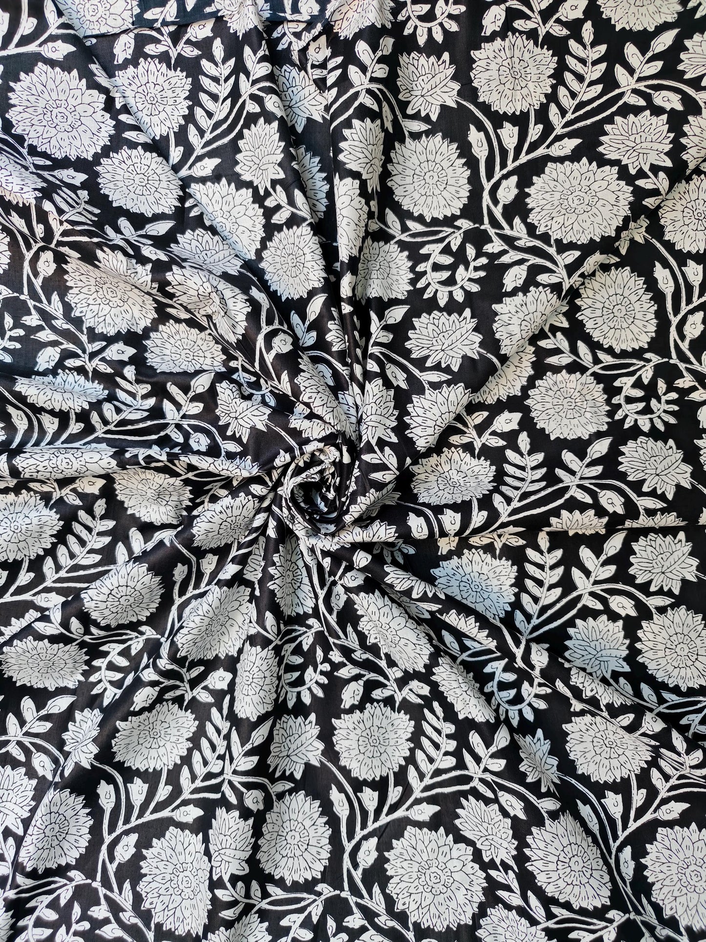 Black and White Floral Block Print Cotton