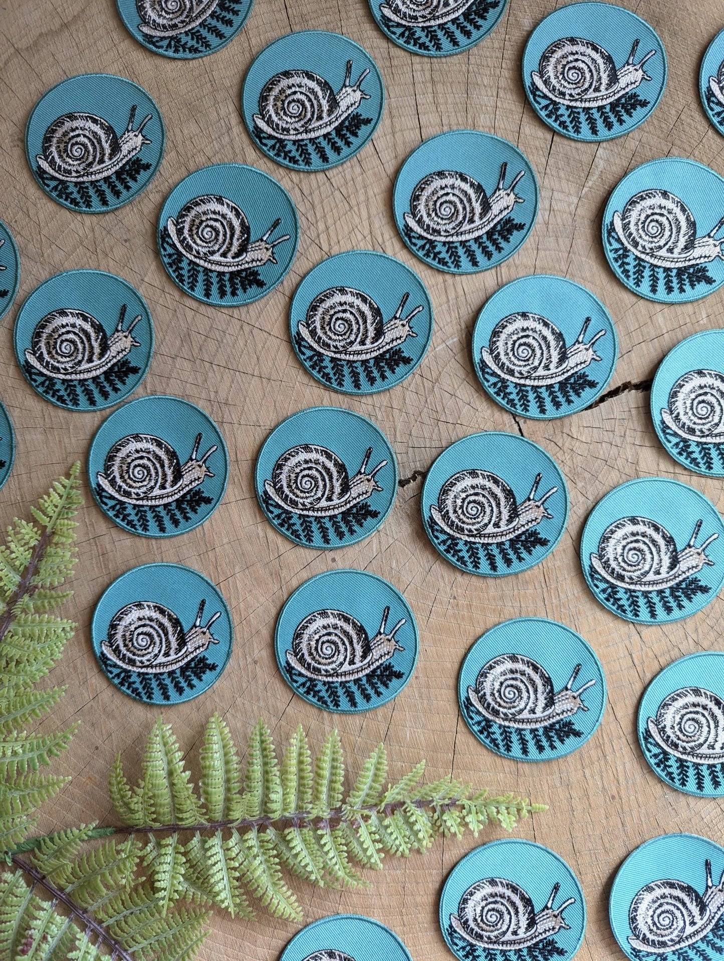 Iron - on patch | snail with fern - 2.5" round teal - homesewn