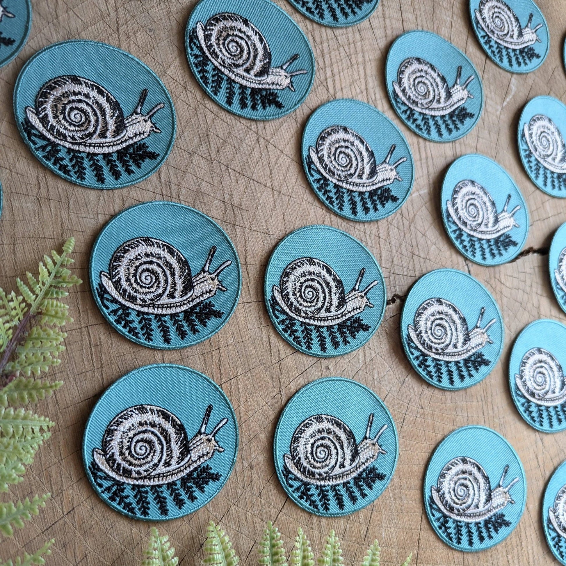 Iron - on patch | snail with fern - 2.5" round teal - homesewn