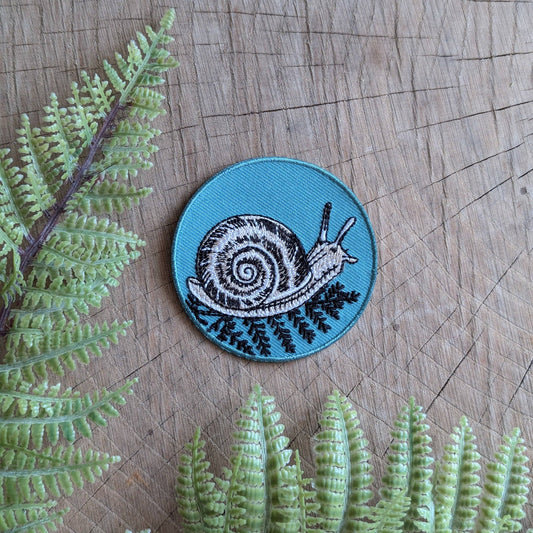 Iron - on patch | snail with fern - 2.5" round teal - homesewn