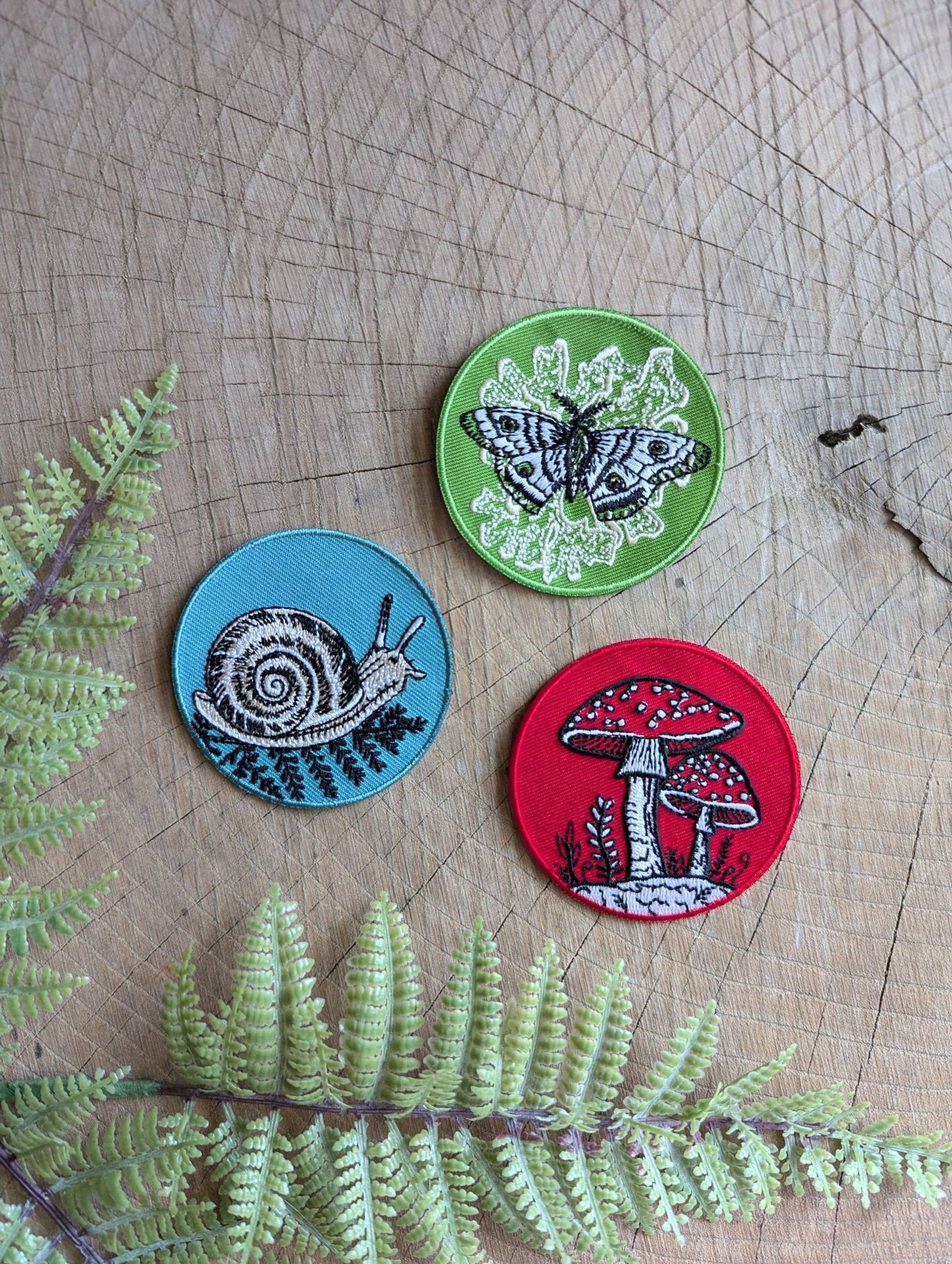 Iron - on patch | snail with fern - 2.5" round teal - homesewn