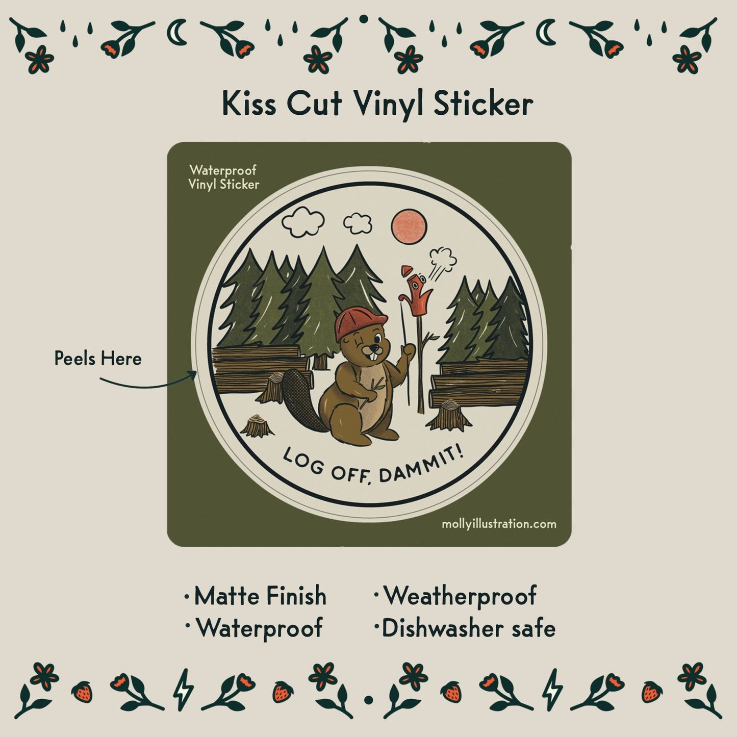 Log Off, Dammit! Cartoon Beaver Waterproof Vinyl Sticker - homesewn