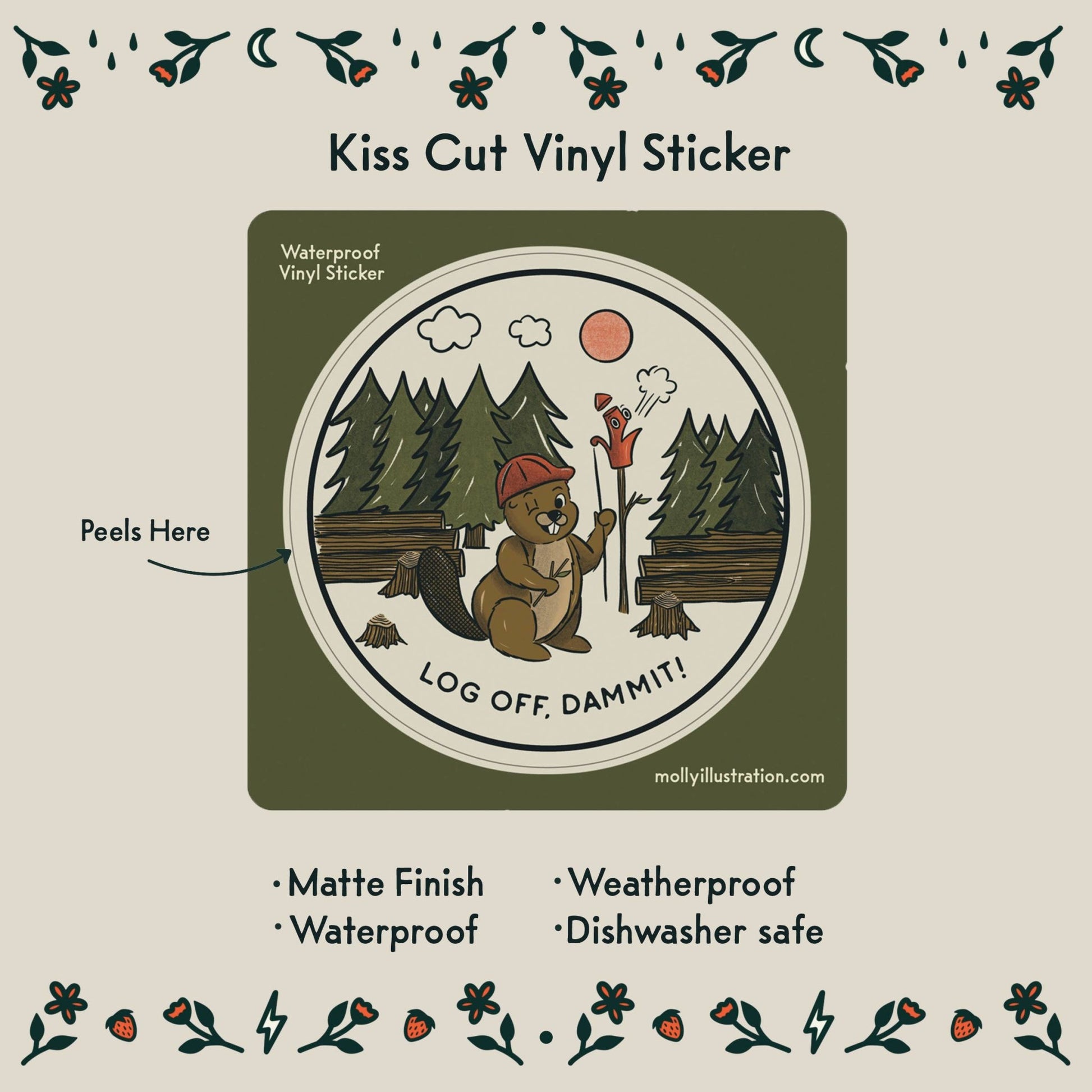 Log Off, Dammit! Cartoon Beaver Waterproof Vinyl Sticker - homesewn