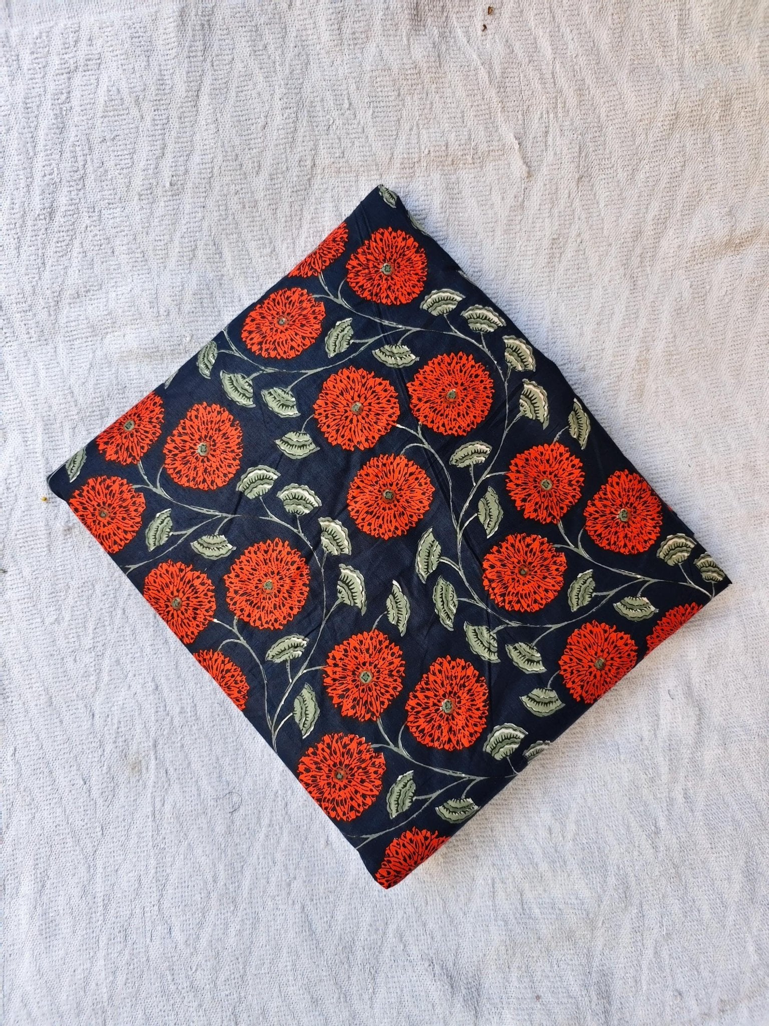 Marigold on Navy Hand Block Print Lightweight Cotton - homesewn