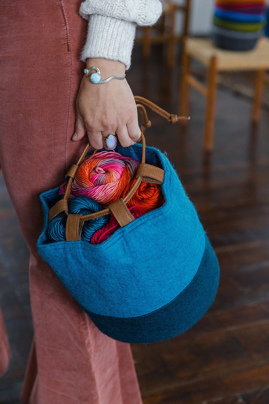 Medium Project Bag - 100% Felted Wool & Leather - homesewn