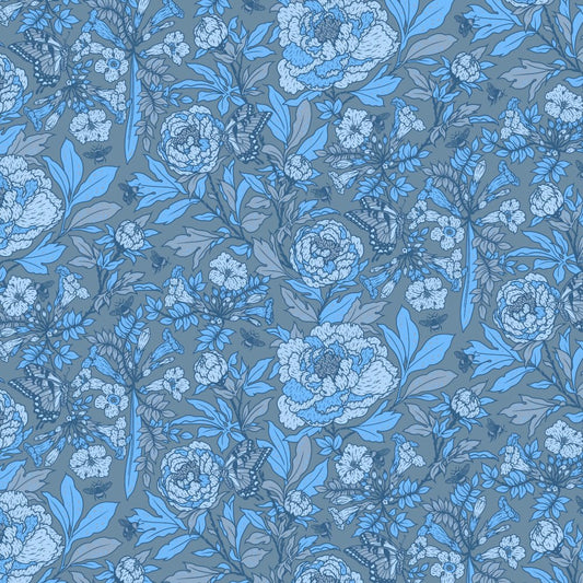 ORGANIC Peonies - Tonal Blue - homesewn
