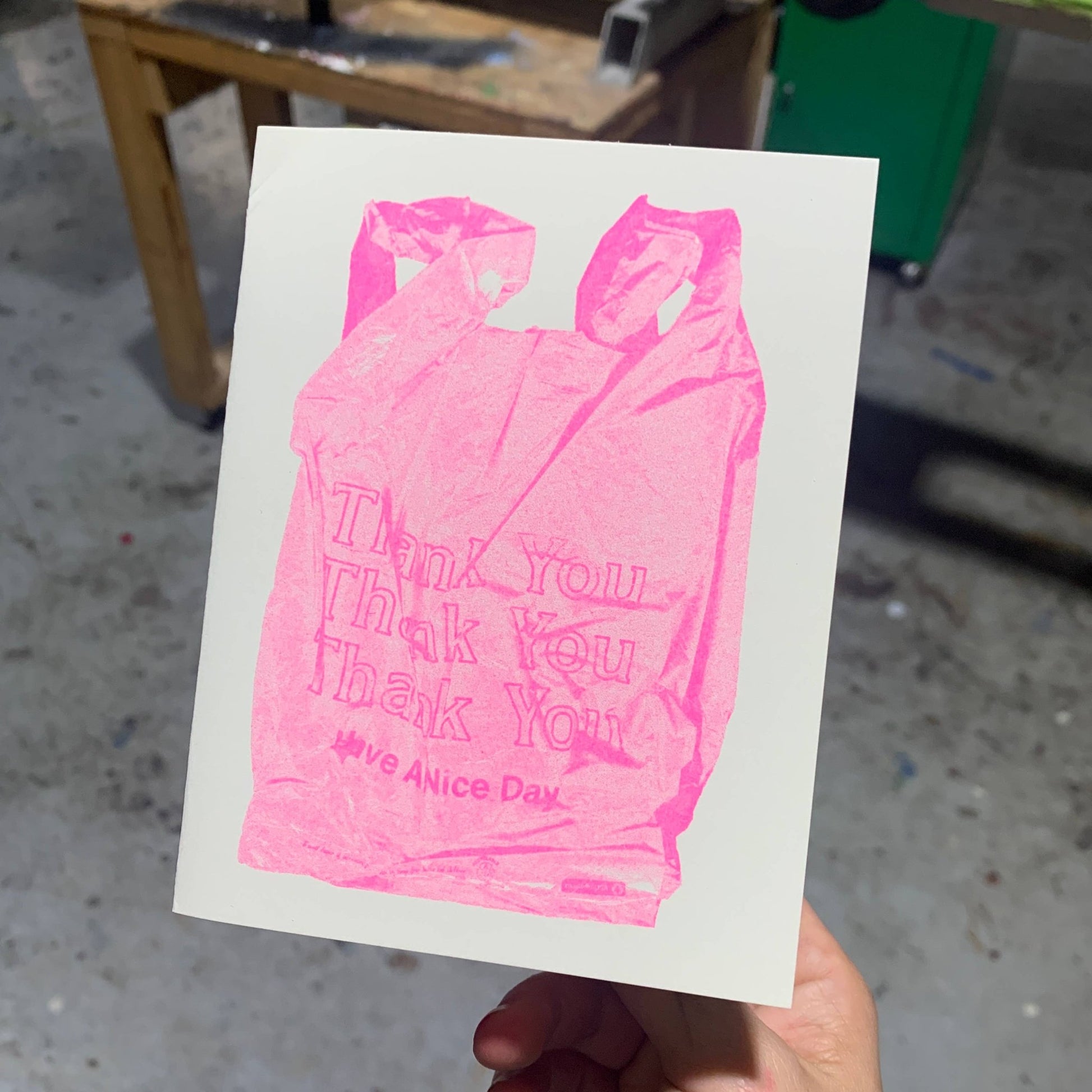 Pink Thank You Bag Risograph A2 Greeting Card - homesewn