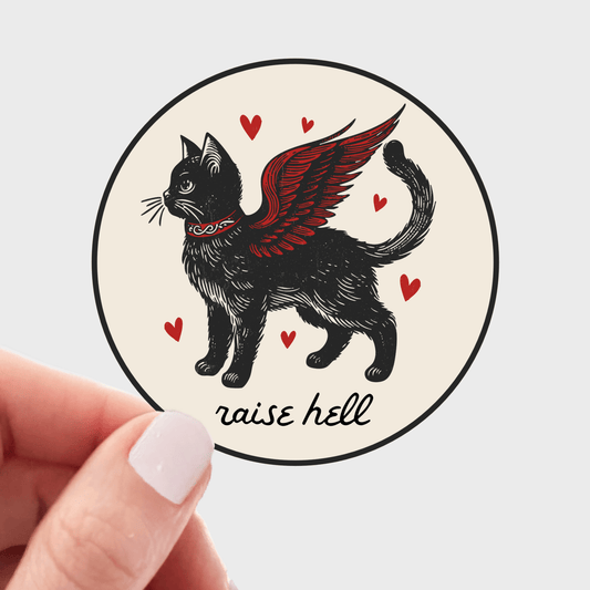 Raise Hell Cat Sticker - kitty, kitten, feathers, angel - homesewn